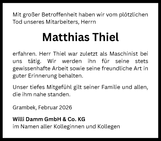 Traueranzeige von Matthias Thiel von MARKT Ratzeburg/Mölln