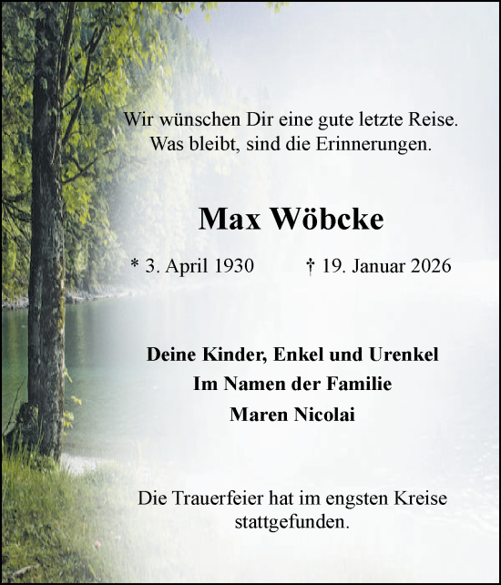 Traueranzeige von Max Wöbcke von Elmshorner Nachrichten, Barmstedter Zeitung