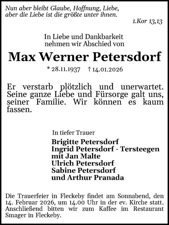 Traueranzeige von Max Werner Petersdorf von Eckernförder Zeitung, Hallo Eckernförde