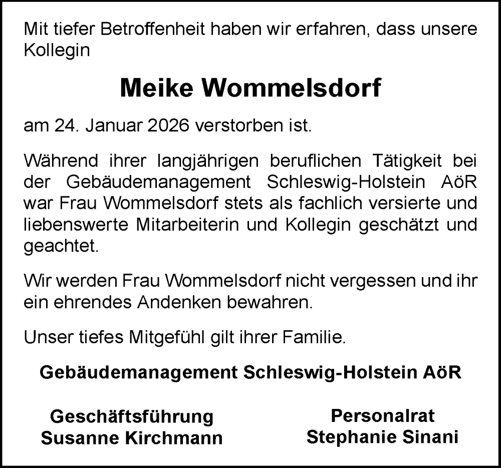  Traueranzeige für Meike Wommelsdorf vom 07.02.2026 aus Schleswig-Holsteinische Landeszeitung