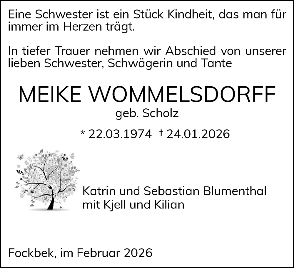  Traueranzeige für Meike Wommelsdorff vom 07.02.2026 aus Schleswig-Holsteinische Landeszeitung