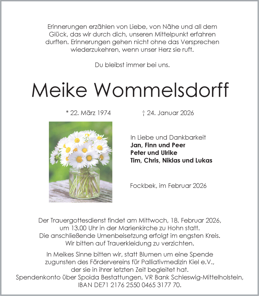  Traueranzeige für Meike Wommelsdorff vom 07.02.2026 aus Schleswig-Holsteinische Landeszeitung