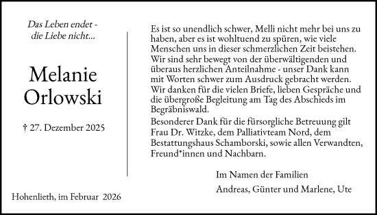 Traueranzeige von Melanie Orlowski von Eckernförder Zeitung, Hallo Eckernförde