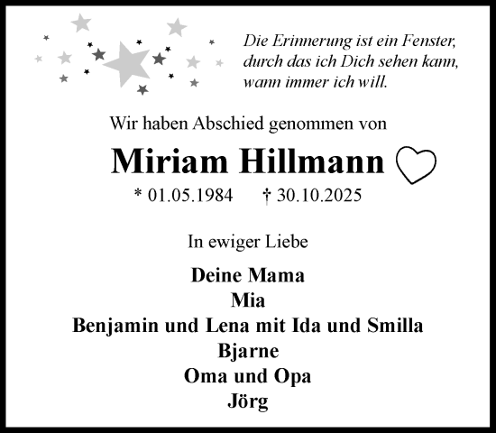 Traueranzeige von Miriam Hillmann von Umschau