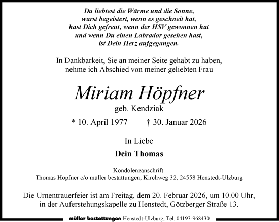 Traueranzeige von Miriam Höpfner von Umschau