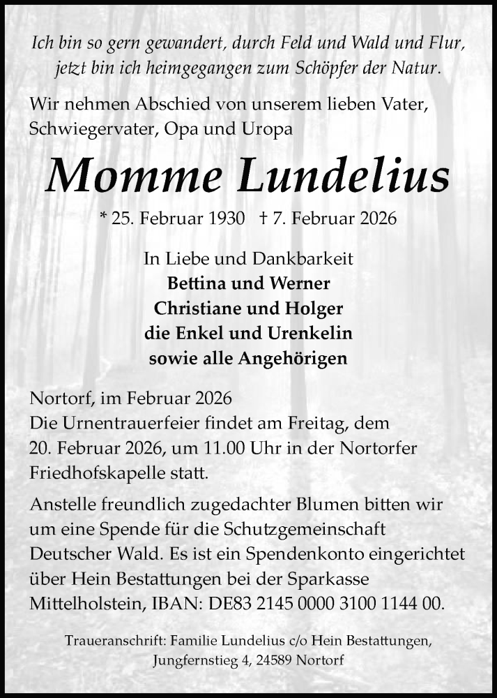 Traueranzeige für Momme Lundelius vom 14.02.2026 aus Schleswig-Holsteinische Landeszeitung