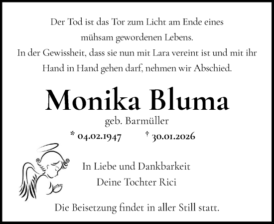 Traueranzeige von Monika Bluma von Norddeutsche Rundschau, Wilstersche Zeitung, Glückstädter Fortuna