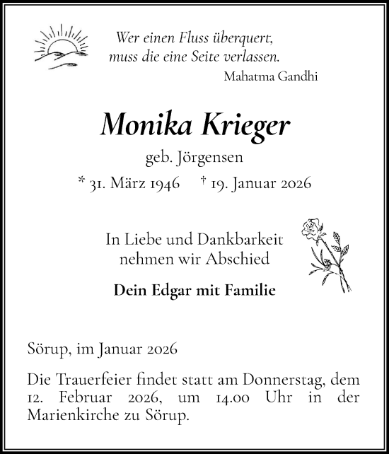 Traueranzeige von Monika Krieger von Flensburger Tageblatt