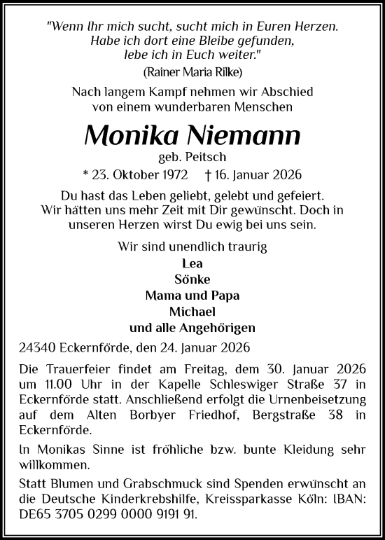 Traueranzeige von Monika Niemann von Region Flensburg