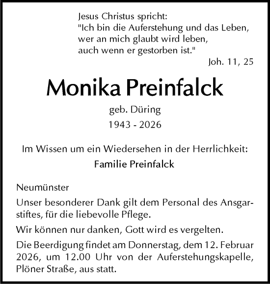 Traueranzeige von Monika Preinfalck von Holsteinischer Courier