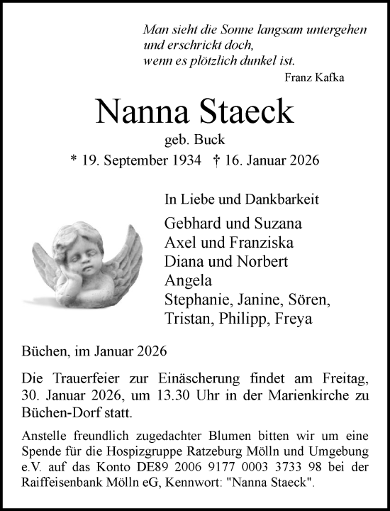Traueranzeige von Nanna Staeck von MARKT Ratzeburg/Mölln
