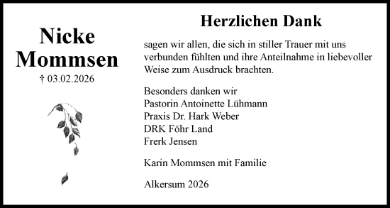 Traueranzeige von Nicke Mommsen von Der Insel-Bote
