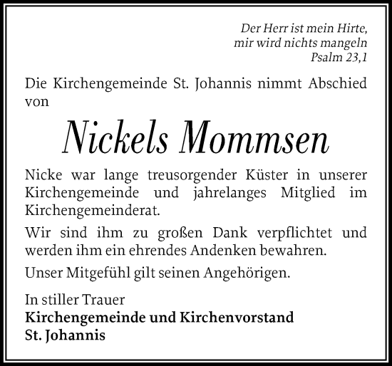 Traueranzeige von Nickels Mommsen von Der Insel-Bote