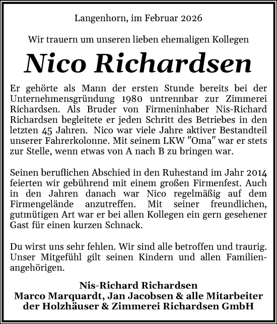 Traueranzeige von Nico Richardsen von Husumer Nachrichten, Nordfriesland Tageblatt