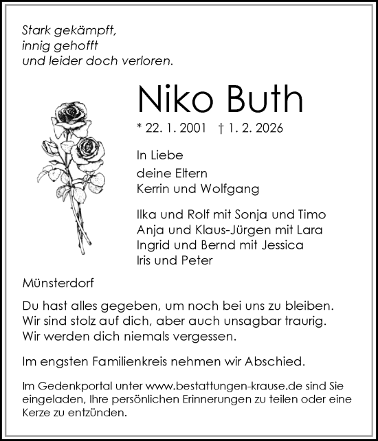 Traueranzeige von Niko Buth von Norddeutsche Rundschau, Wilstersche Zeitung, Glückstädter Fortuna