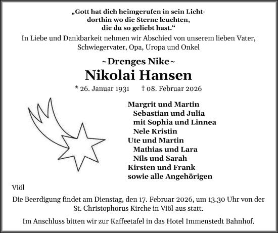 Traueranzeige von Nikolai Hansen von Husumer Nachrichten, Nordfriesland Tageblatt