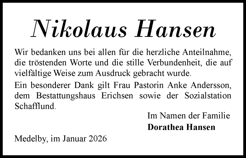  Traueranzeige für Nikolaus Hansen vom 24.01.2026 aus Region Flensburg