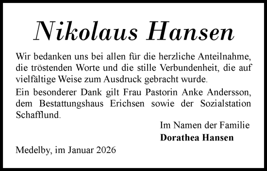 Traueranzeige von Nikolaus Hansen von Region Flensburg