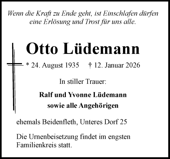 Traueranzeige von Otto Lüdemann von Norddeutsche Rundschau, Wilstersche Zeitung, Glückstädter Fortuna