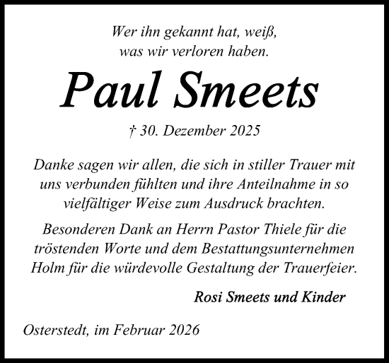 Traueranzeige von Paul Smeets von Schleswig-Holsteinische Landeszeitung