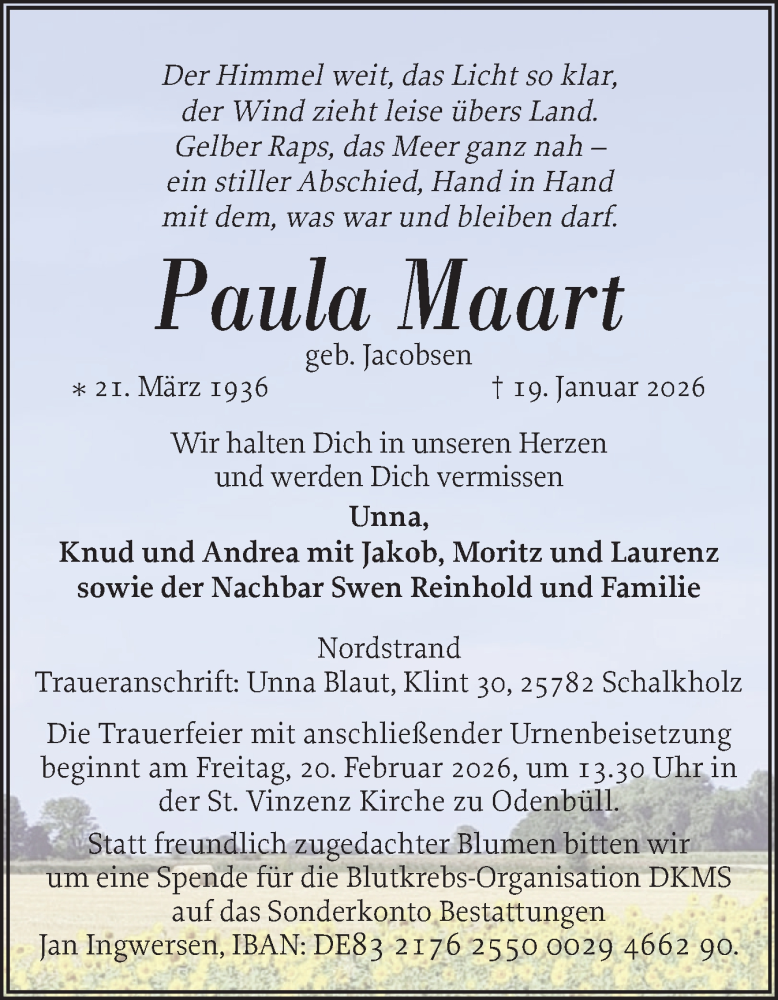  Traueranzeige für Paula Maart vom 07.02.2026 aus Husumer Nachrichten, Nordfriesland Tageblatt
