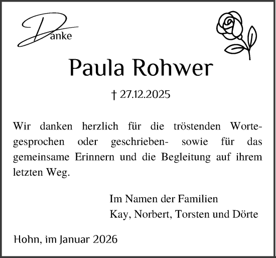 Traueranzeige von Paula Rohwer von Schleswig-Holsteinische Landeszeitung