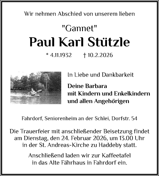 Traueranzeige von Paul Karl Stützle von Schleswiger Nachrichten, Schlei-Bote
