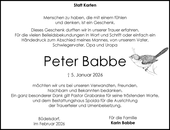 Traueranzeige von Peter Babbe von Schleswig-Holsteinische Landeszeitung