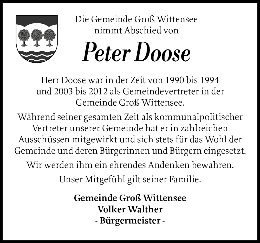  Traueranzeige für Peter Doose vom 02.02.2026 aus Eckernförder Zeitung