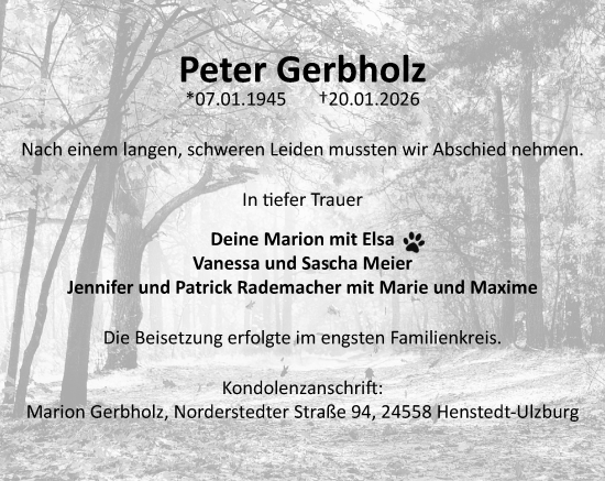 Traueranzeige von Peter Gerbholz von Umschau