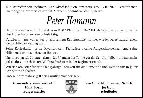 Traueranzeige von Peter Hamann von Husumer Nachrichten, Nordfriesland Tageblatt