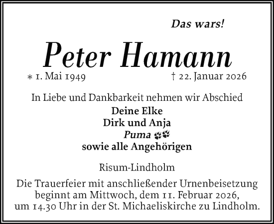 Traueranzeige von Peter Hamann von Husumer Nachrichten, Nordfriesland Tageblatt