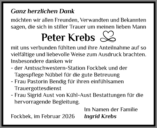 Traueranzeige von Peter Krebs von Schleswig-Holsteinische Landeszeitung