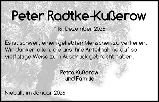 Traueranzeige von Peter Radtke-Kußerow von Husumer Nachrichten, Nordfriesland Tageblatt