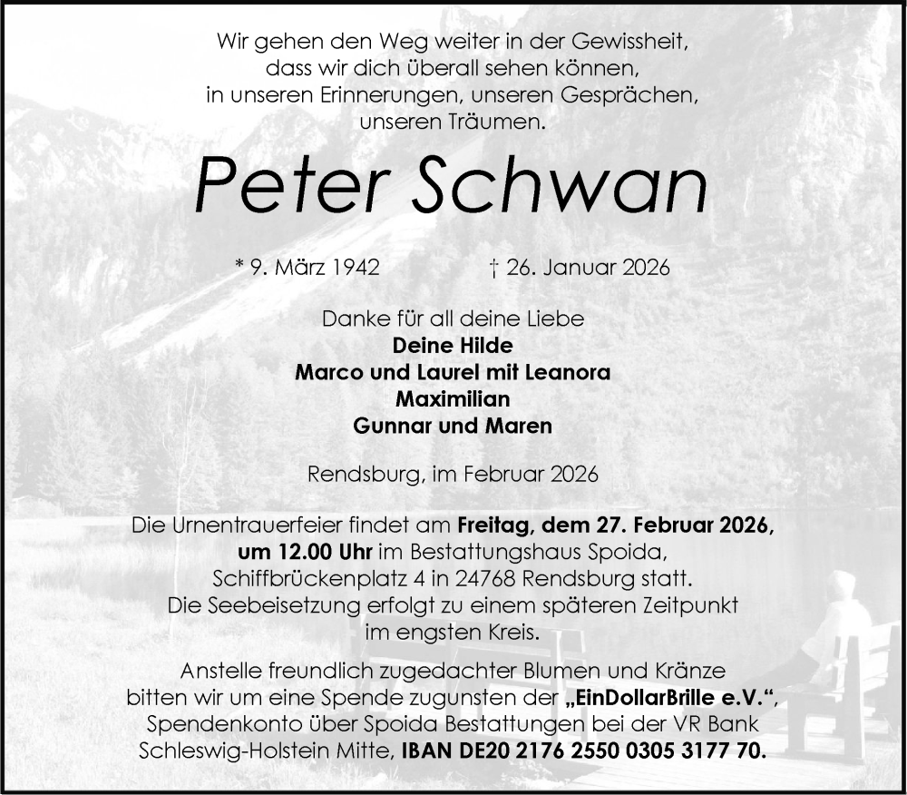  Traueranzeige für Peter Schwan vom 21.02.2026 aus Schleswig-Holsteinische Landeszeitung
