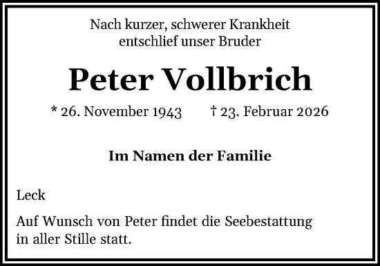 Traueranzeige von Peter Vollbrich von Sylter Rundschau