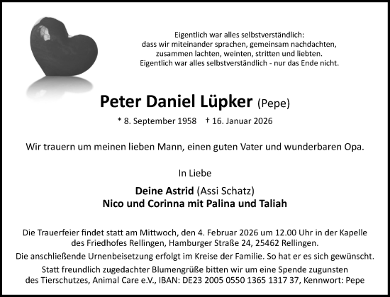 Traueranzeige von Peter Daniel Lüpker von Region Pinneberg und tip Pinneberg