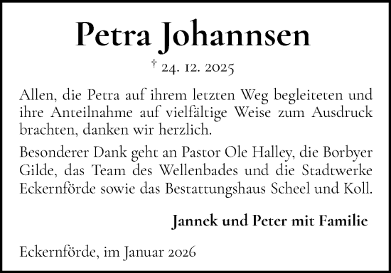 Traueranzeige von Petra Johannsen von Eckernförder Zeitung, Hallo Eckernförde
