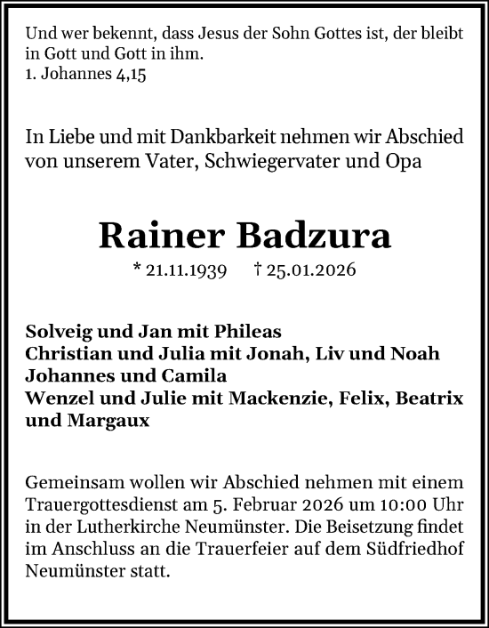 Traueranzeige von Rainer Badzura von Holsteinischer Courier