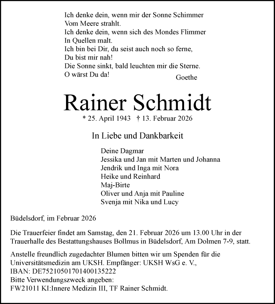  Traueranzeige für Rainer Schmidt vom 18.02.2026 aus Schleswig-Holsteinische Landeszeitung