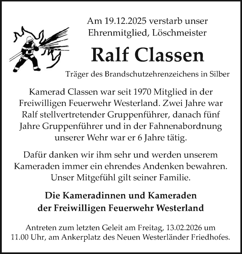  Traueranzeige für Ralf Classen vom 11.02.2026 aus Sylter Rundschau