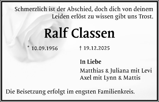 Traueranzeige von Ralf Classen von Sylter Rundschau