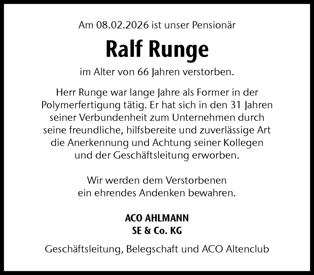  Traueranzeige für Ralf Runge vom 21.02.2026 aus Schleswig-Holsteinische Landeszeitung
