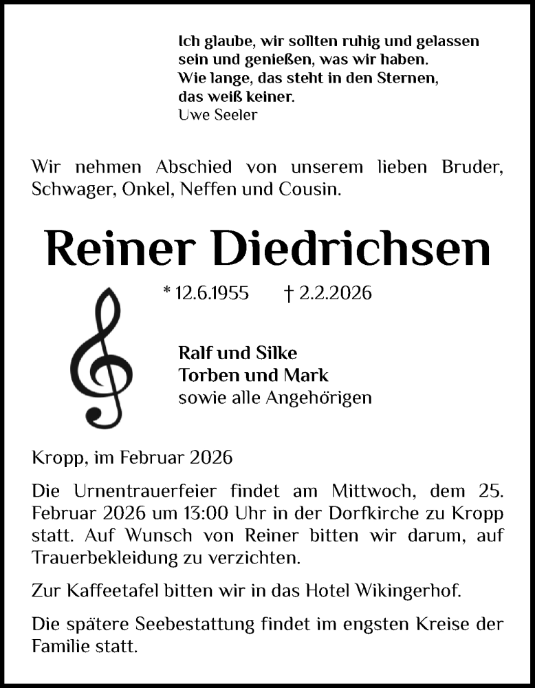  Traueranzeige für Reiner Diedrichsen vom 14.02.2026 aus Schleswiger Nachrichten, Schlei-Bote, Eckernförder Zeitung