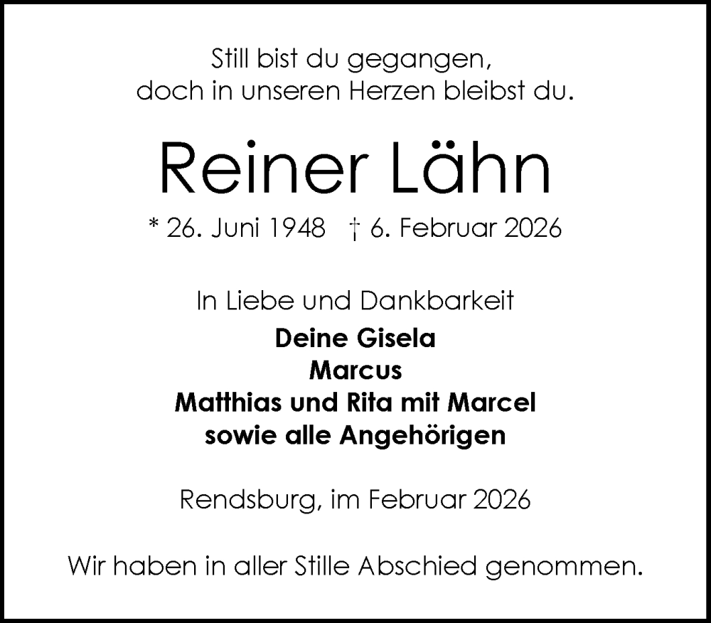  Traueranzeige für Reiner Lähn vom 21.02.2026 aus Schleswig-Holsteinische Landeszeitung