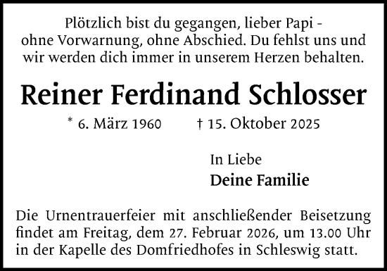Traueranzeige von Reiner Ferdinand Schlosser von Schleswiger Nachrichten, Schlei-Bote