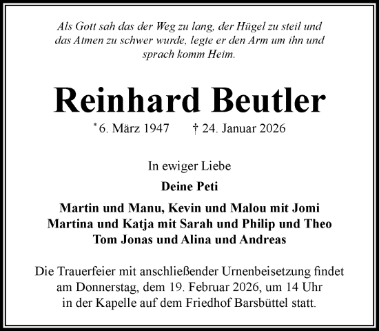 Traueranzeige von Reinhard Beutler von MARKT Glinde/Reinfeld
