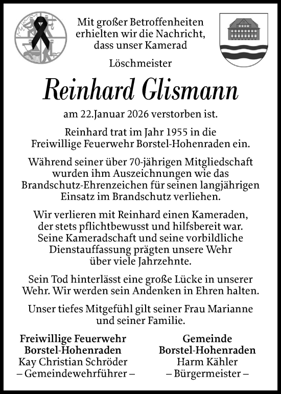Traueranzeige von Reinhard Glismann von Region Pinneberg und tip Pinneberg