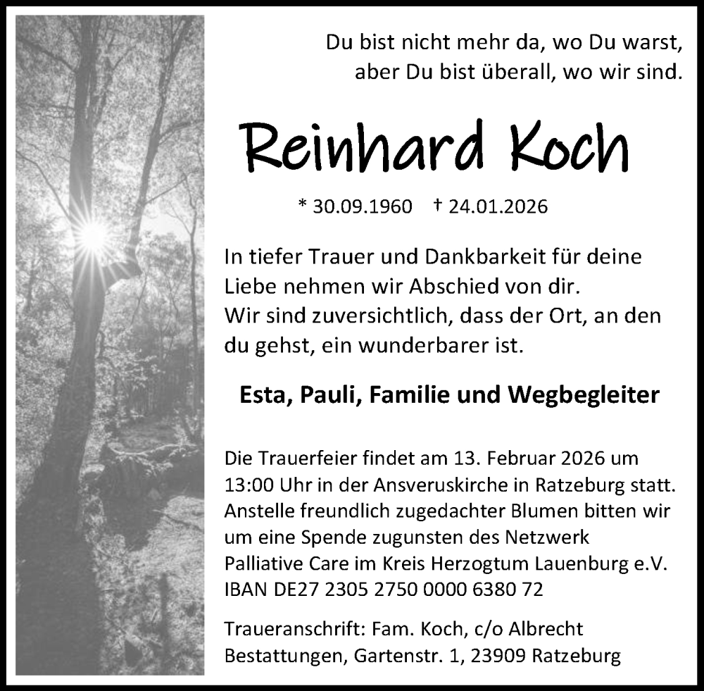  Traueranzeige für Reinhard Koch vom 07.02.2026 aus MARKT Ratzeburg/Mölln