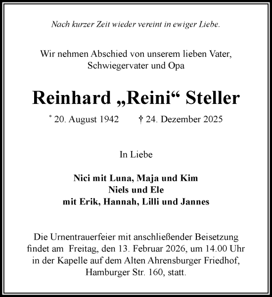 Traueranzeige von Reinhard Steller von MARKT Ahrensburg/Bargteheide/Trittau und Stormarner Tageblatt